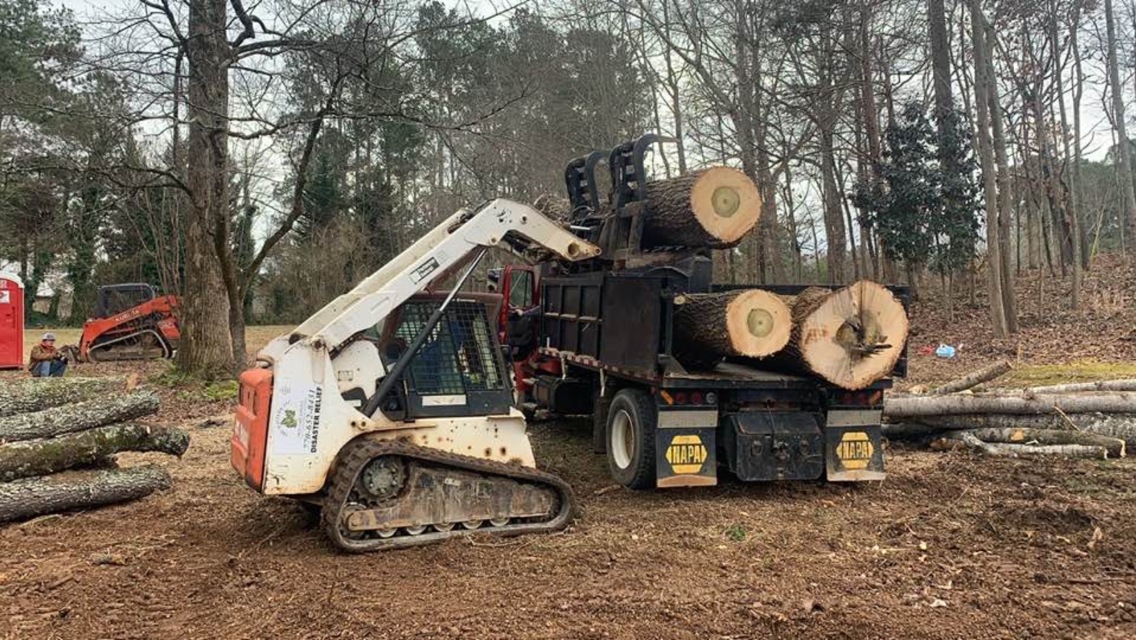 Land clearing with skid steer loading logs