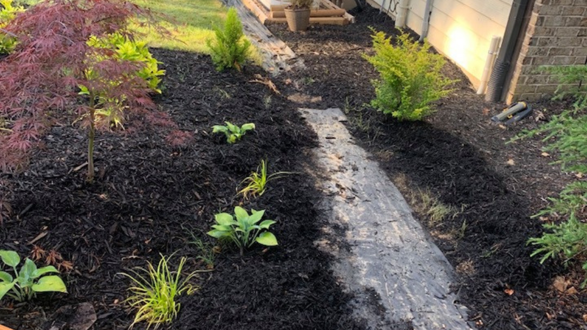 Fresh mulch bed with new plantings